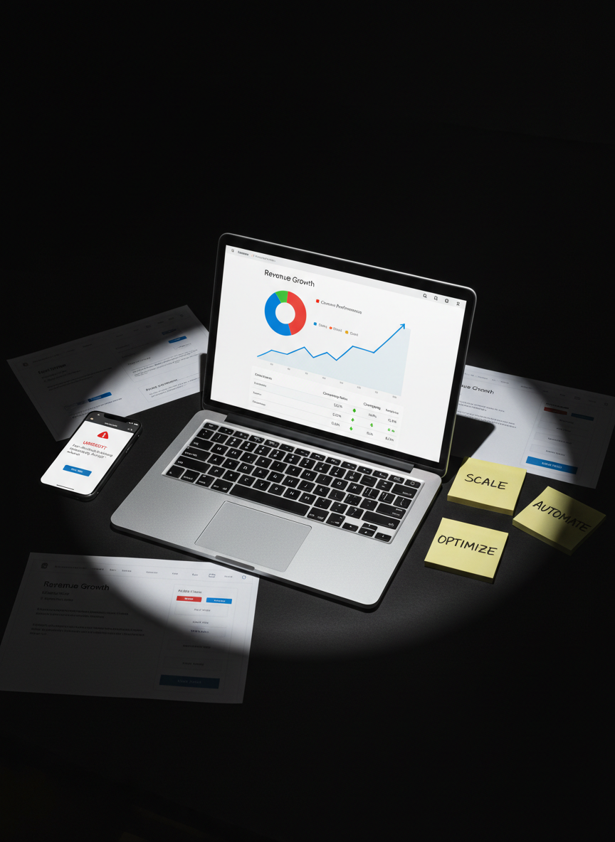 A dark, matte-black tabletop dominated by a high-end silver laptop displaying a sharply detailed marketing analytics dashboard with rising line graphs, colorful pie charts, and campaign performance metrics. Surrounding it are printed split-test landing page mockups, a smartphone showing a live ad performance alert, and sticky notes with decisive phrases like “Scale,” “Optimize,” and “Automate.” A single, strong overhead spotlight creates a high-contrast pool of light on the table, leaving the edges in deep shadow. Photographic realism, captured from a slightly elevated angle with a centered composition. The mood is bold, analytical, and no-nonsense, emphasizing data-driven clarity and decisive digital strategy.