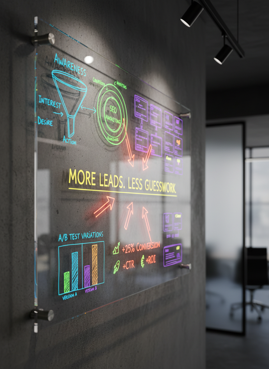 A powerful close-up of a large transparent acrylic board mounted on a dark concrete wall, filled with vivid neon marker diagrams of a digital marketing funnel, SEO keyword clusters, ad creatives, and A/B test variations. Arrows and bold percentages highlight conversion gains, with “More Leads. Less Guesswork.” underlined at the center. Dramatic side lighting from an overhead track casts pronounced shadows and luminous reflections on the acrylic surface. The background is minimally visible, suggesting an upscale, high-tech workspace. Photographic realism, shot from a slightly angled perspective with shallow depth of field, keeping the central message razor sharp while the outer notes blur, creating a bold, strategic, and intensely focused atmosphere.